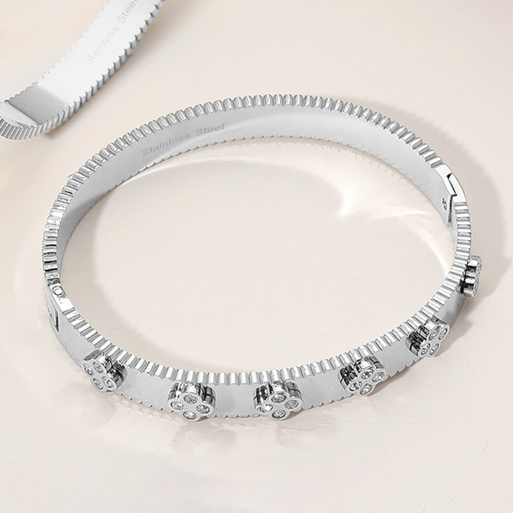 Stainless Steel Quatrefoil Stoned Paved  Bangle Bracelet-Silver
