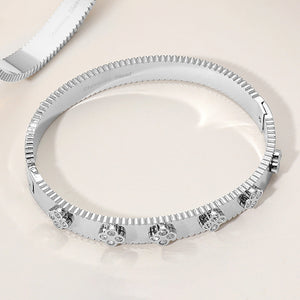 Stainless Steel Quatrefoil Stoned Paved  Bangle Bracelet-Silver