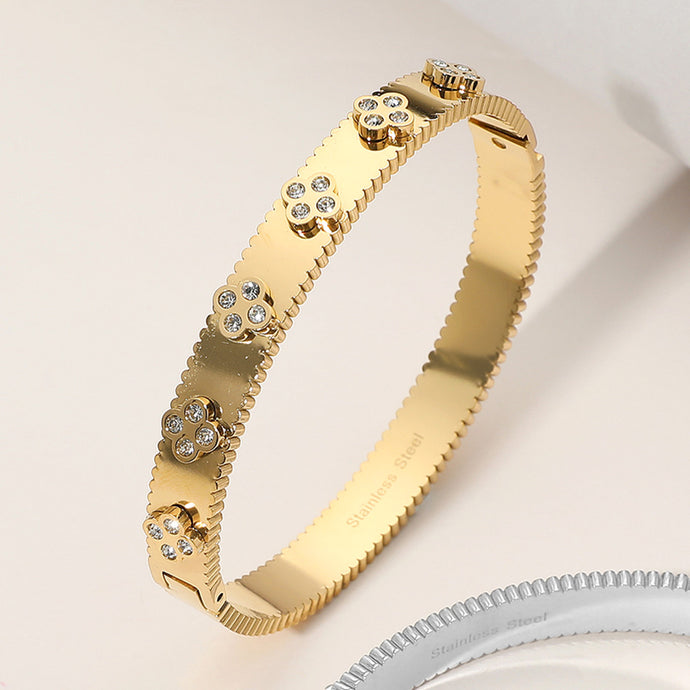 Stainless Steel Quatrefoil Stoned Paved  Bangle Bracelet-Gold