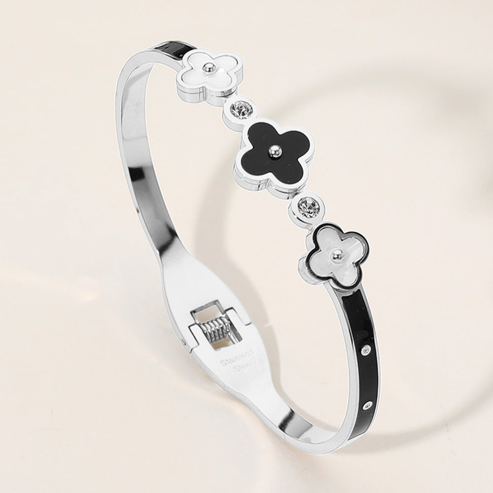 Stainless Steel Triple Quatrefoil Pointed Hinged Bangle Bracelet - Silver