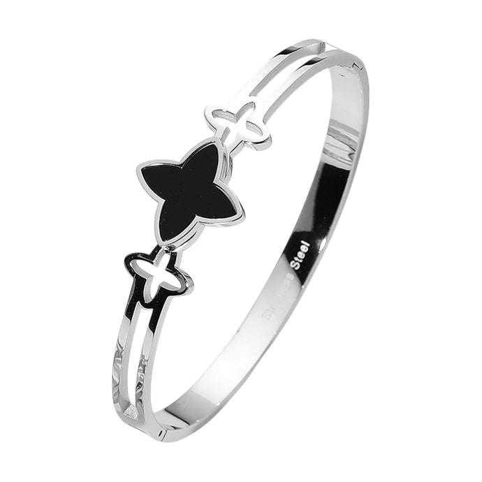 Clover Pointed Hinged Bangle Bracelet - Black/Silver