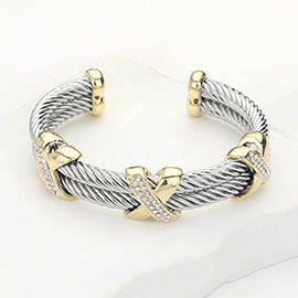 Two Tone CZ Stone Paved Criss Cross Rope Cuff Bracelet
