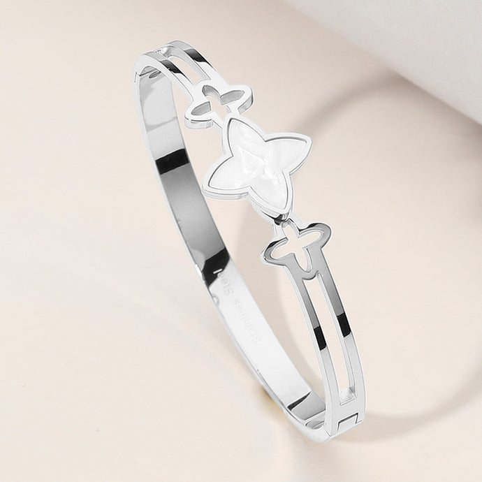 Clover Pointed Hinged Bangle Bracelet - Silver/White