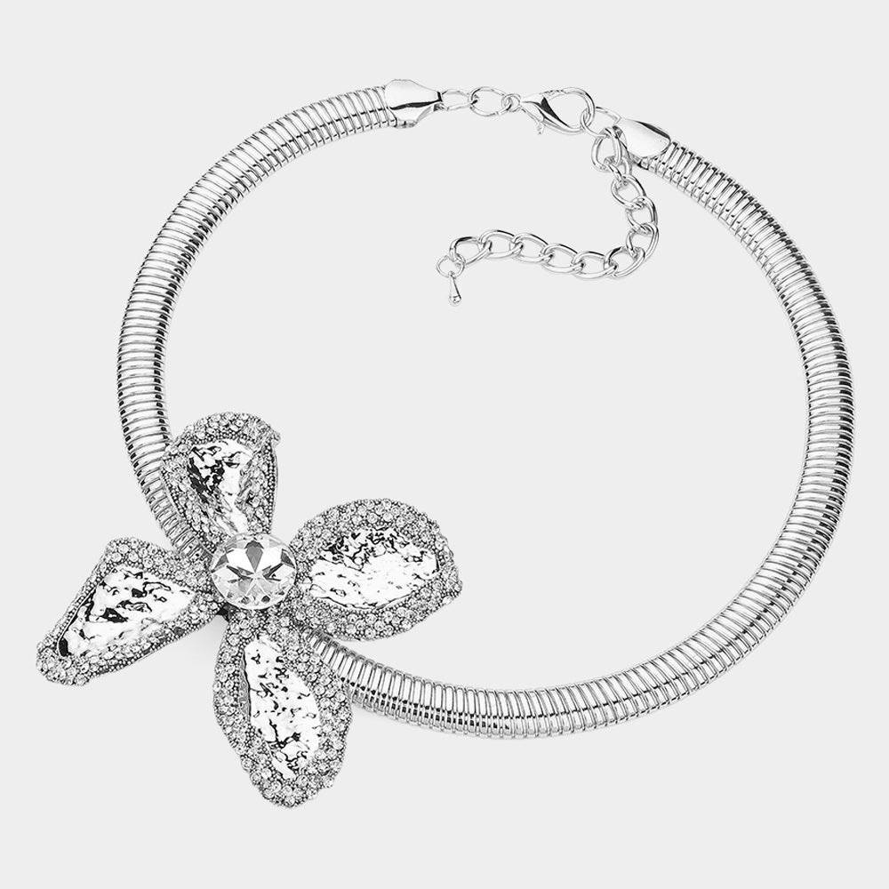 Metal Flower Statement Choker - Silver