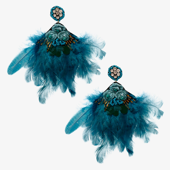 Feather and Rhinestone Earrings-Teal