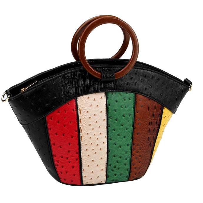 Ostrich Stripe Handbag with Ring Handles - Black