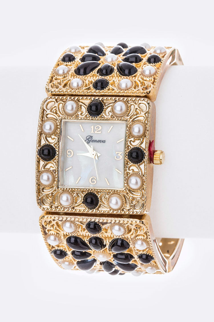 Mix Pearl Bangle Watch-Gold