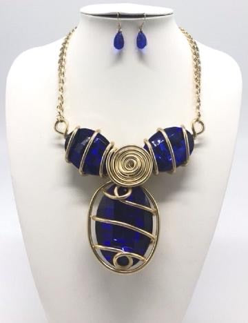 Wrapped Stone Pendant Necklace Set- Blue
