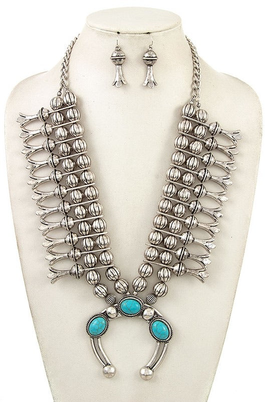 Silver and Turquoise Fringe Necklace Set