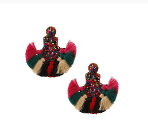 Red and Green Bead Tassel Earrings