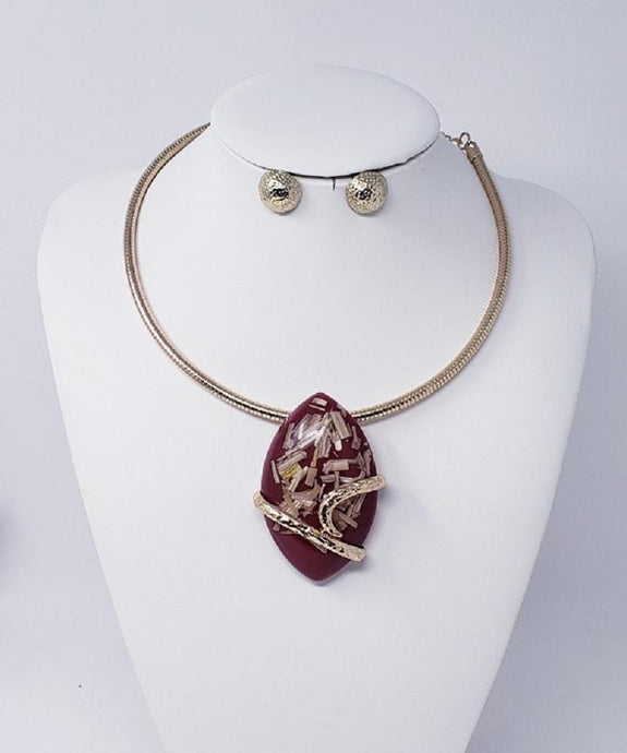 Stone Choker Necklace Set-Wine