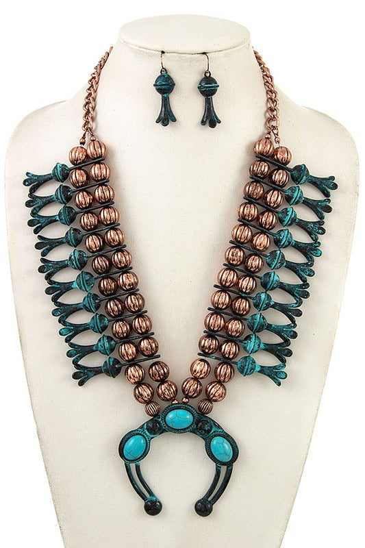 Turquoise and Cooper Fringe Necklace Set