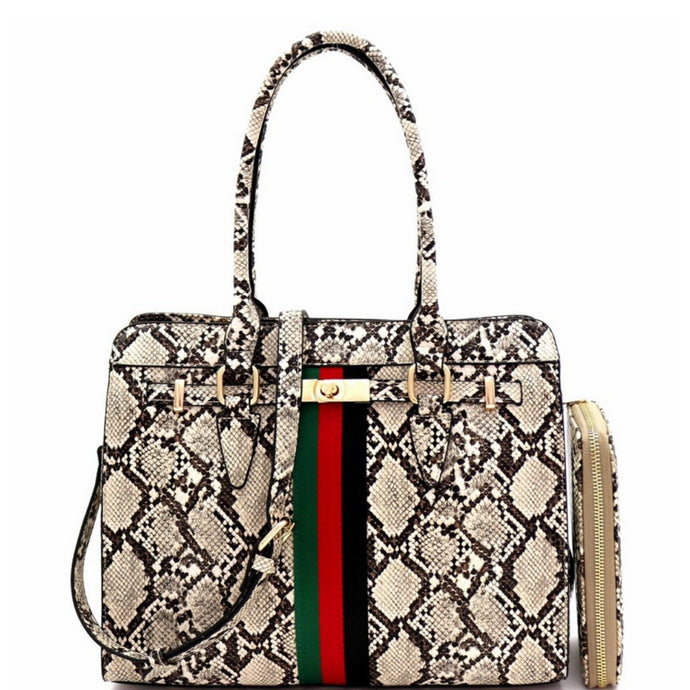 Snake Print Handbag Set with Wallet  (Cream)