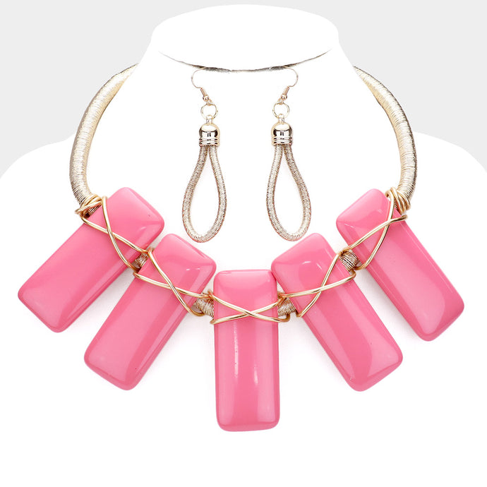 Coil wire Bar Bib Necklace Set-Pink