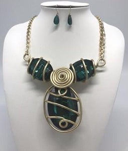 Wrapped Stone Pendant Necklace Set-Green