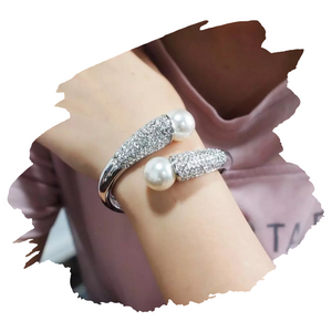 Pearl Stretch Cuff Bracelet-Silver