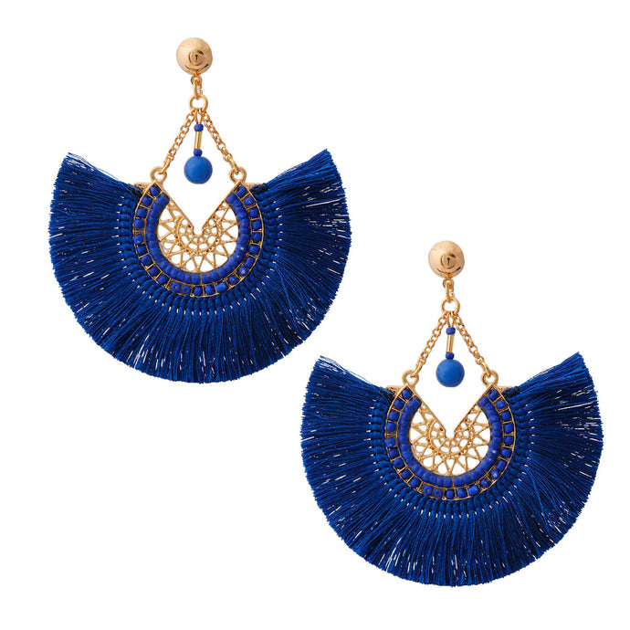Silk Tassel Drop Earrings-Blue