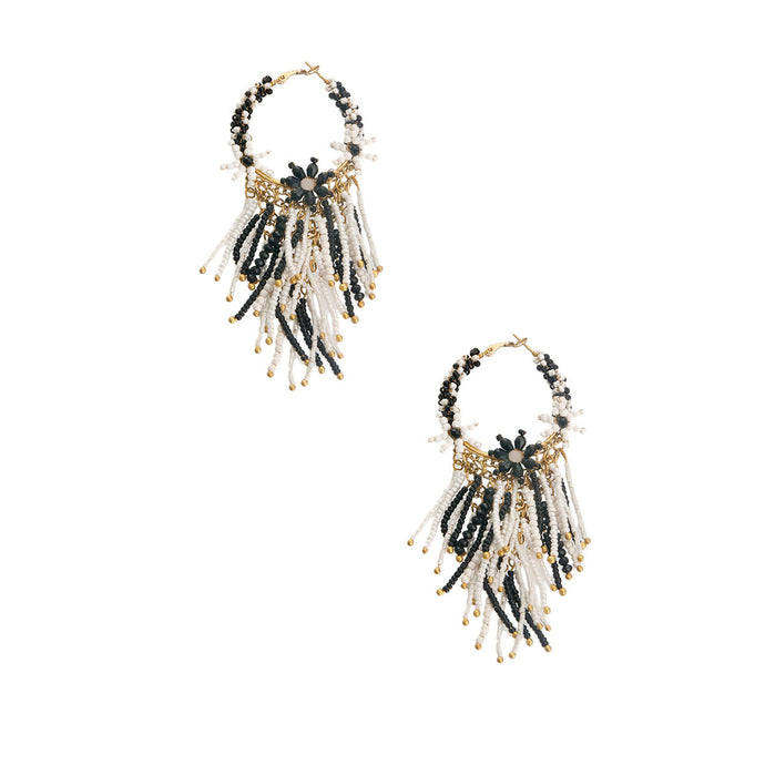 Black and White Bead Fringe Hoops