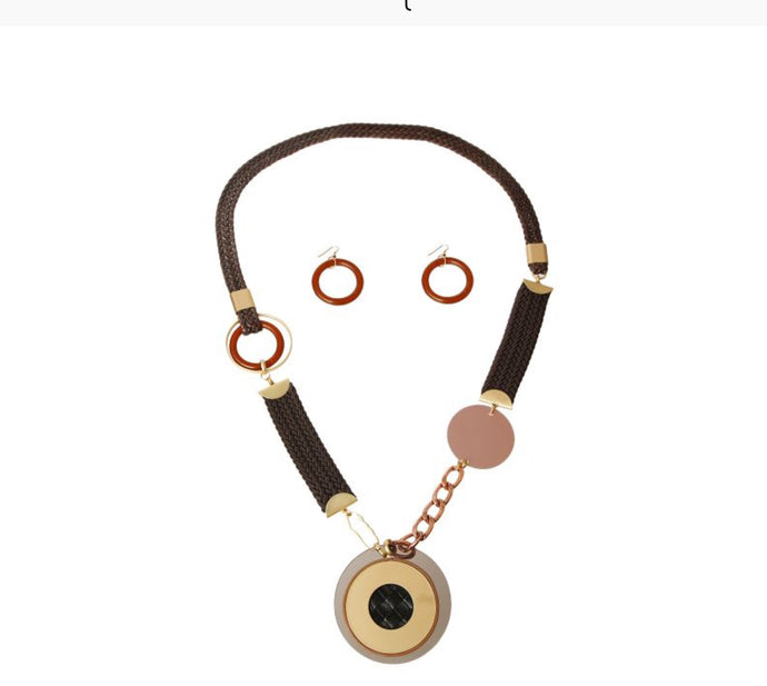 Brown Long Leather Pendant Necklace Set