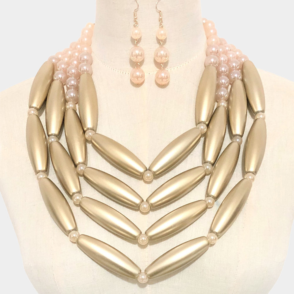 Gold Bead and Pearl Statement Necklace Set