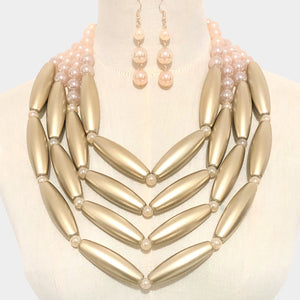 Gold Bead and Pearl Statement Necklace Set